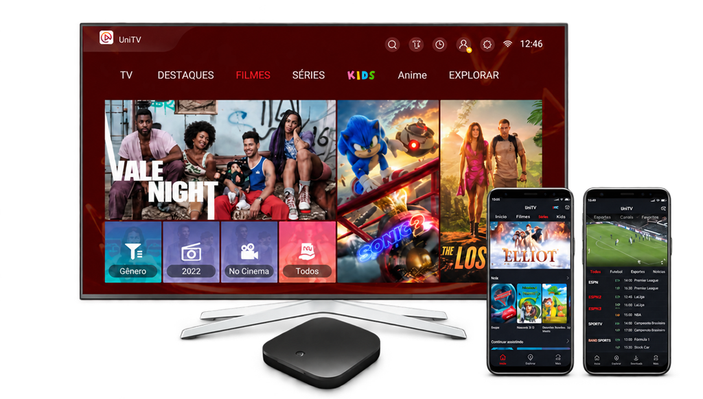 App UniTV mostrando canais ao vivo em HD, filmes e séries prontos para streaming